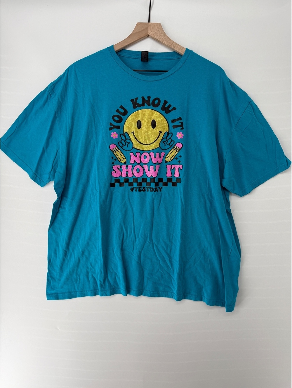 🚀 Gildan Y2K Turquoise Graphic Tee 2XL Smiley Face "You Know It, Now Show It"